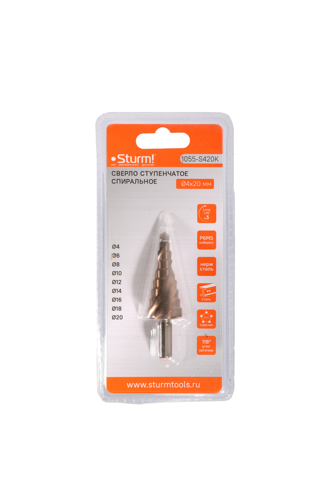 Сверло ступенчатое по металлу 4-20мм шаг 2мм Р6М5+COBALT спираль Sturm!