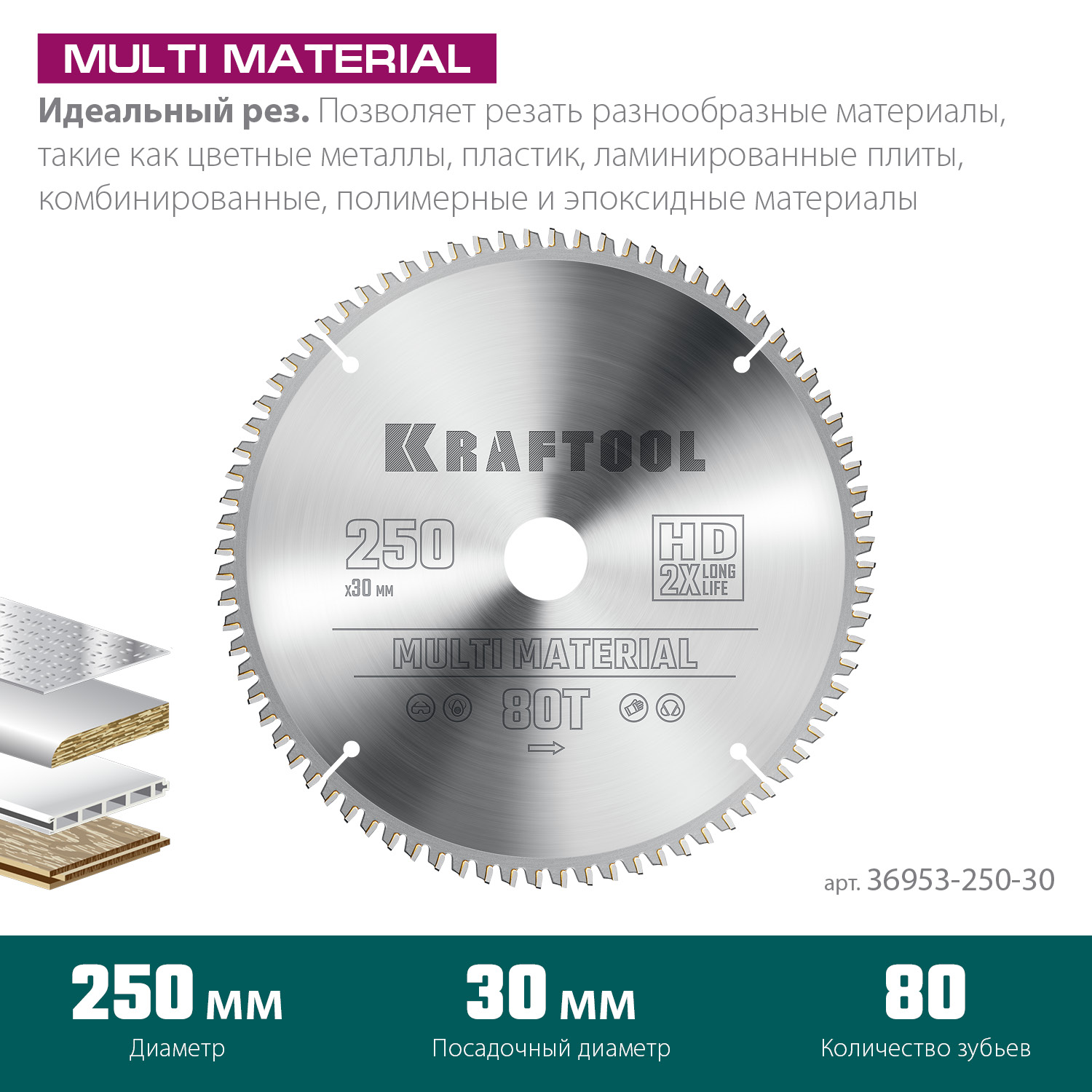 KRAFTOOL Multi Material 250х30мм 80Т, диск пильный