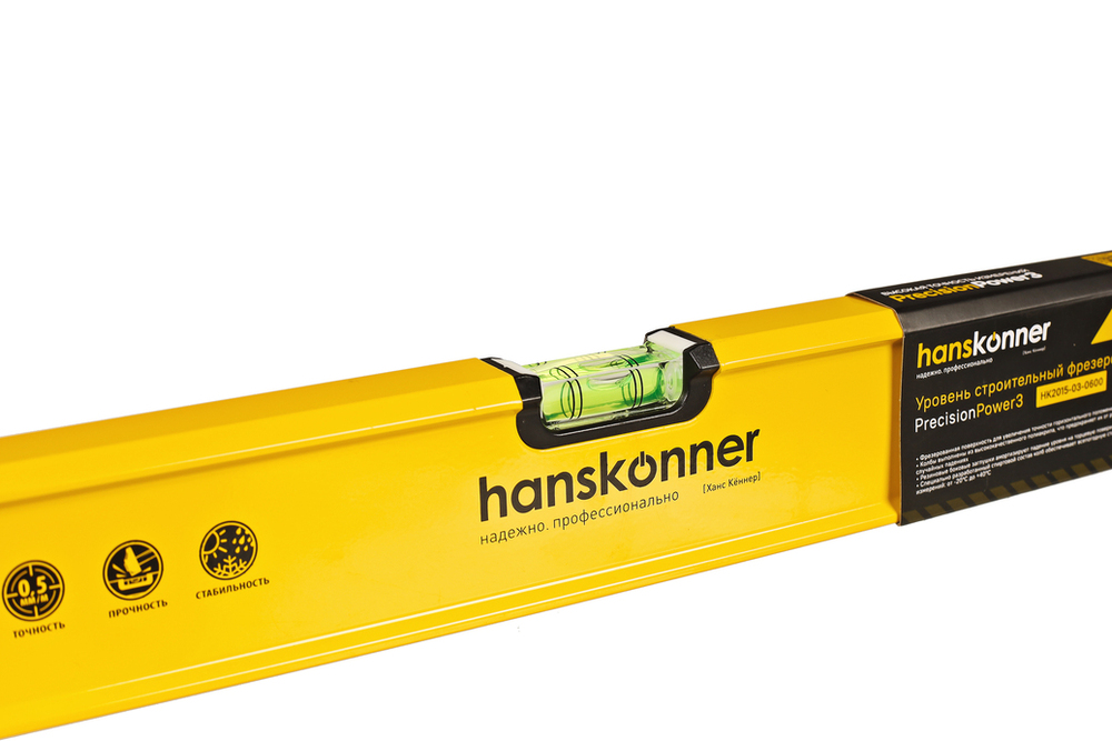 Уровень алюм., 600мм, 2 колбы, фрезерованный, точность 0.5 мм/м, hanskonner