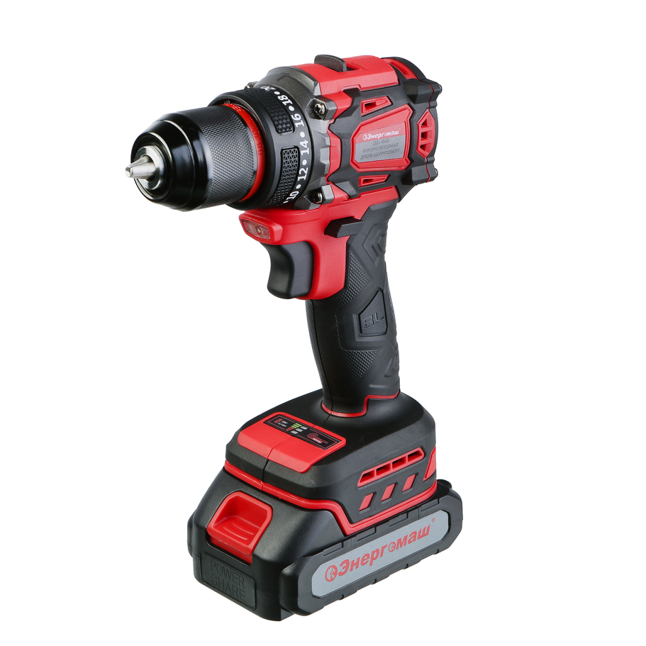 ДШ-1845 Дрель аккум б/щ Энергомаш, 18В, 45Нм, 2х2.0Ач, ЗУ,кейс