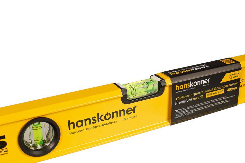 Уровень алюм., 400мм, 2 колбы, фрезерованный, точность 0.5 мм/м, hanskonner