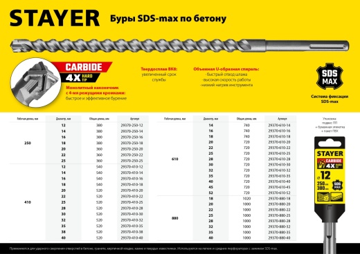 STAYER HERCULES-4Х 38 x 410/520 мм, SDS-max бур, PROFESSIONAL (29370-410-38)