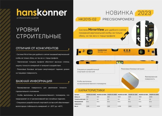 Уровень 1500 мм, фрезеров., 3 глазка (1 зеркальн.), точн. 0.5мм/м, Hanskonner